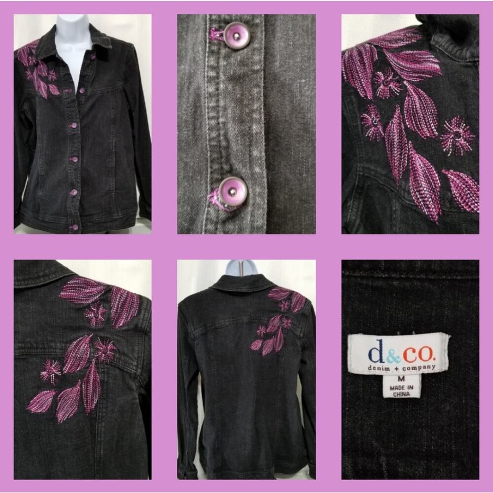 Black Denim Jacket Embroidered Shoulder Women's Size M